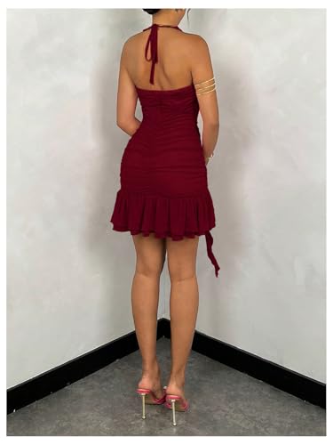 Women's 3D Floral Ruffle Mesh Halter Sleeveless Tie Backless Ruched Bodycon Mini Dress