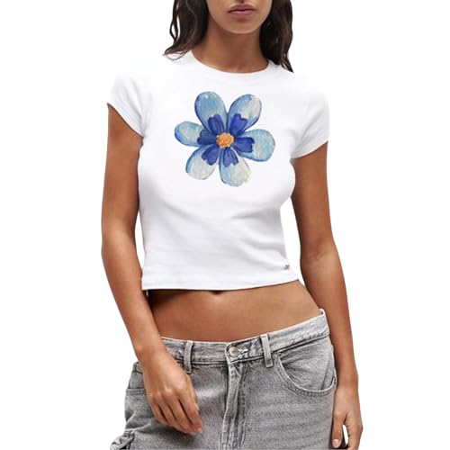 Women Hawaii Baby Tees Y2K Short Sleeve Crewneck Aesthetic Graphic Slim Fit Crop Tops