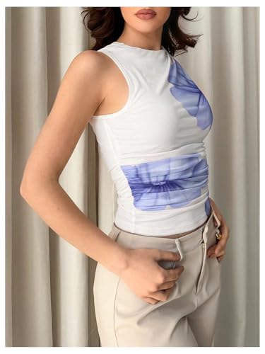 Women's Flower Print Mesh Top Sleeveless Mock Neck Ruched Tank Tops