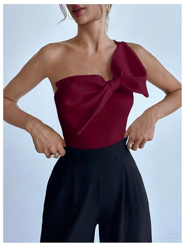 Women's One Shoulder Sleeveless Big Bow Front Elegant Fitted Tank Top Bodysuit