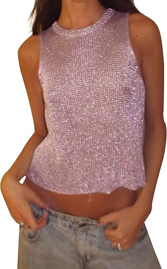 Women Sexy Fishnet Knit Glittering Crop Tank Top Sheer Mesh Sleeveless Crewneck Solid Slim Cropped Tops