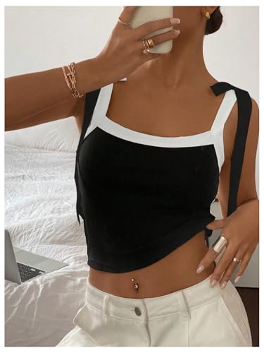 Women's Coquette Bow Tie Shoulder Tank Tops Backless Fitted Crop Tops