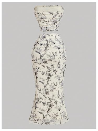 Women's 2 Piece Outfits Mesh Floral Print Strapless Cropped Tube Tops Bodycon Midi Skirt Set