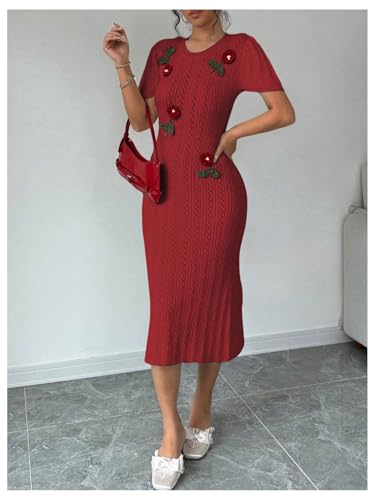 Women's 3D Flower Sweater Dress Crochet Short Sleeve Bodycon Mini Dresses