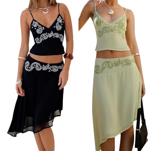 Midi-length Skirt Set for Women 2 Piece Outfit Boho Floral Print Crop Cami Sheer Mesh Irregular Midi Skirt Trendy