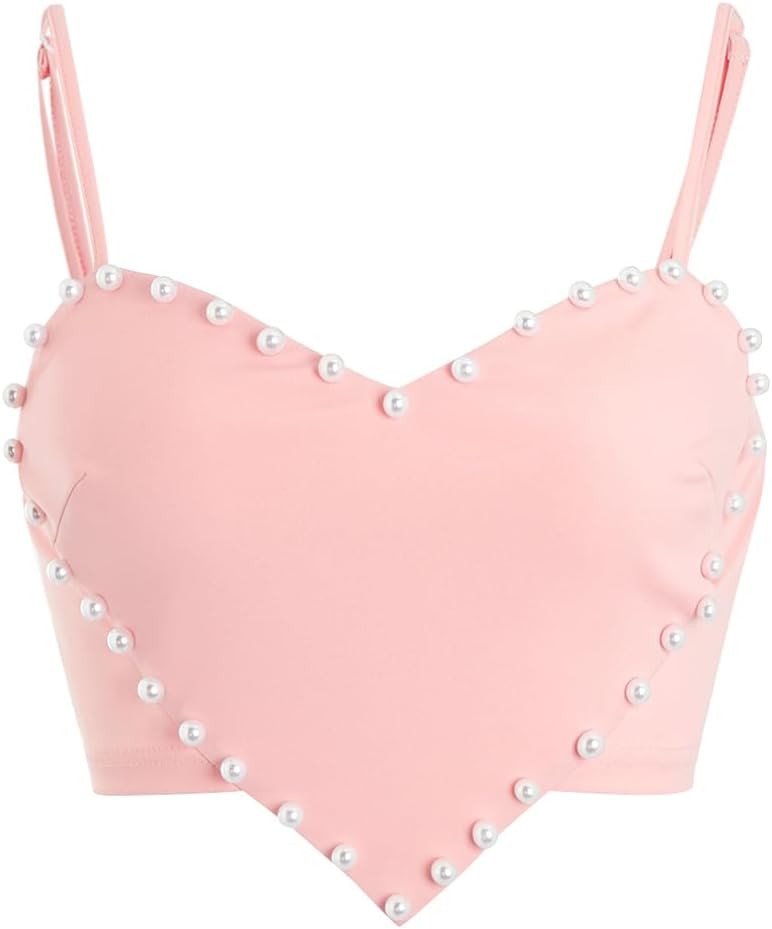 Women's Pearls Sleeveless Asymmetrical Hem Heart Crop Cami Top Sexy Camisole