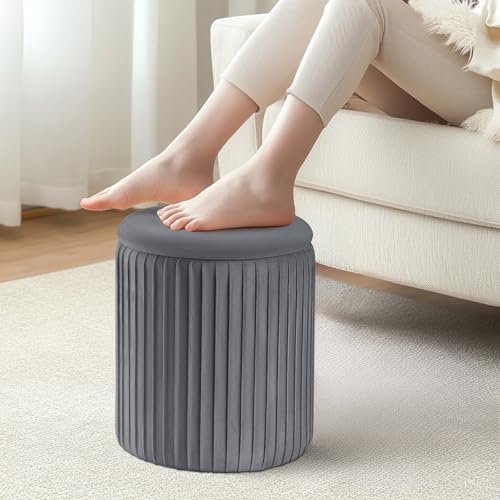 Set of 3 Velvet Round Storage Ottomans â€?Modern Upholstered Vanity Stool & Foot Rest with Hidden Storage