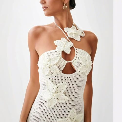 Women Halter Hollow Out Knitted Mini Dress Sexy Crochet 3D Flower Mini Dress