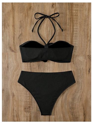 Women's 2 Piece Halter Swimsuit 3D Flower Appliques Bandeau Tummy Control Bikini Set