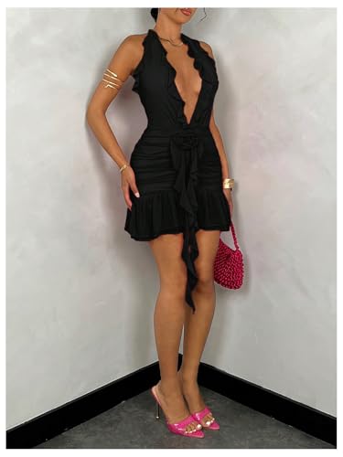 Women's 3D Floral Ruffle Mesh Halter Sleeveless Tie Backless Ruched Bodycon Mini Dress