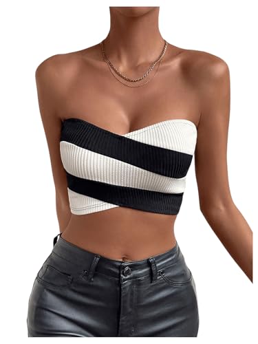 Women's Striped Criss Cross Strapless Tube Crop Top Sleeveless Ribbed Bandeau