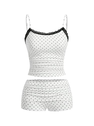 Women's 2 Piece Cute Pajama Set Cartoon Print Ruched Cami Crop Tops and Shorts Lounge Sets