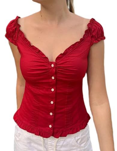 Y2K Short Sleeve Babydoll Tops for Women Cute Aesthetic U Neck Teen Girls Tshirt Ruffle Hem Patchwork Peplum Shirts