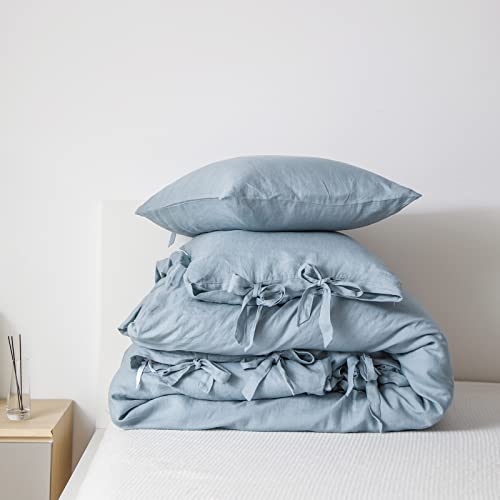 The 100% Linen Duvet Cover Set, 3 Pieces Belgian Flax Breathable Bedding,(1 Comforter Cover+2 Pillowshams) with Tie Closure Style
