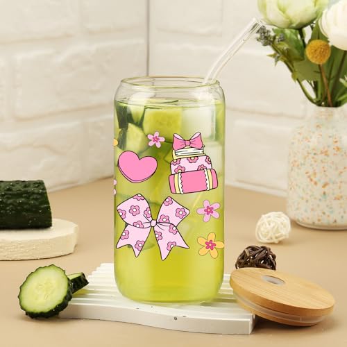 Cherry Bow Cup, Birthday Gifts for Women, Girly Gifts for Her, Sister, Mom, Colleague - 16 OZ Glass Tumbler with Straw & Lid, Coquette Iced Cup