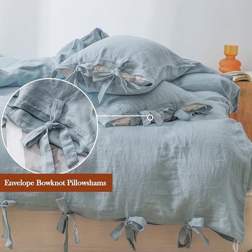 The 100% Linen Duvet Cover Set, 3 Pieces Belgian Flax Breathable Bedding,(1 Comforter Cover+2 Pillowshams) with Tie Closure Style