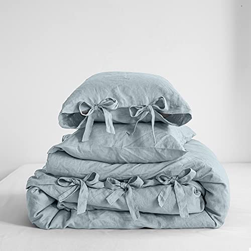 The 100% Linen Duvet Cover Set, 3 Pieces Belgian Flax Breathable Bedding,(1 Comforter Cover+2 Pillowshams) with Tie Closure Style
