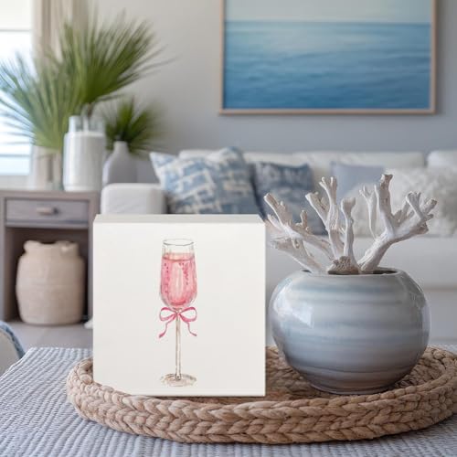 Coquette Pink Bow Champagne Wooden Box Sign, 5x5 Inch