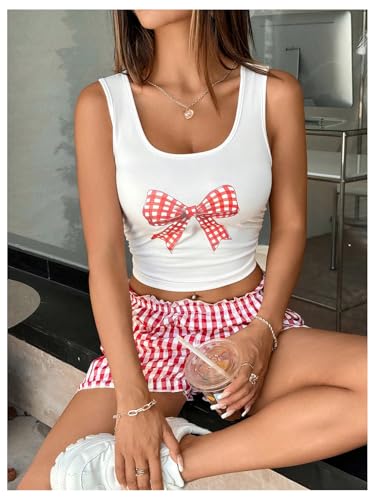 Women's Y2k 2 Piece Outfits Graphic Bow Crop Tank Top Gingham Ruffle Shorts Set Loungewear