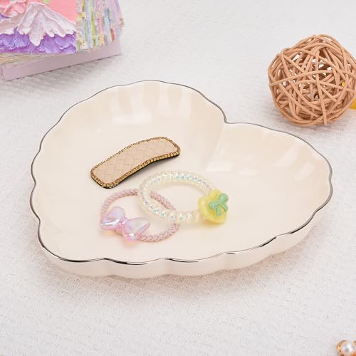Porcelain Serving Dish, Heart Shape Candy Bowls, Ceramics Flower Relish Tray with Metallic Rim