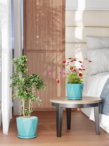 Ceramic Plant Pots Indoor, 8.6+7.1+5.5 Inch Planters with Drainage Holes and Saucers Set of 3 Large Flower Pots