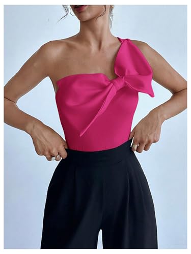 Women's One Shoulder Sleeveless Big Bow Front Elegant Fitted Tank Top Bodysuit