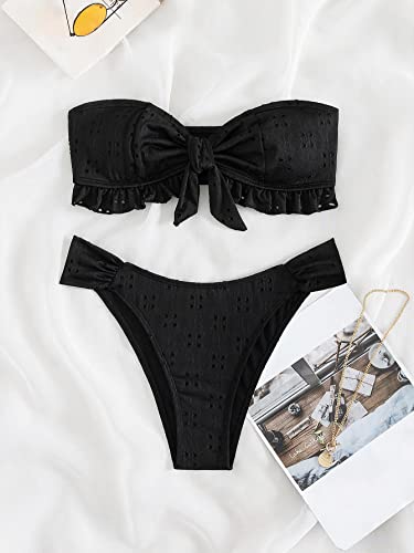 Women's 2 Piece Bathing Suit Ruffle Hem Bandeau Tie Front Bikini Set