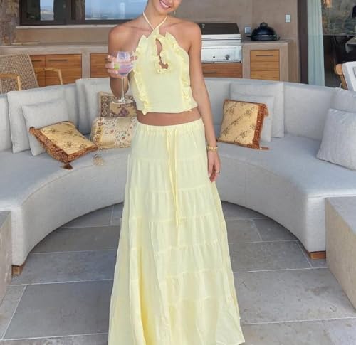 Womens 2 Piece Maxi Skirt Set Y2k Halter Ruched Cami Top Tiered Flowy Ruffle Skirt Outfit