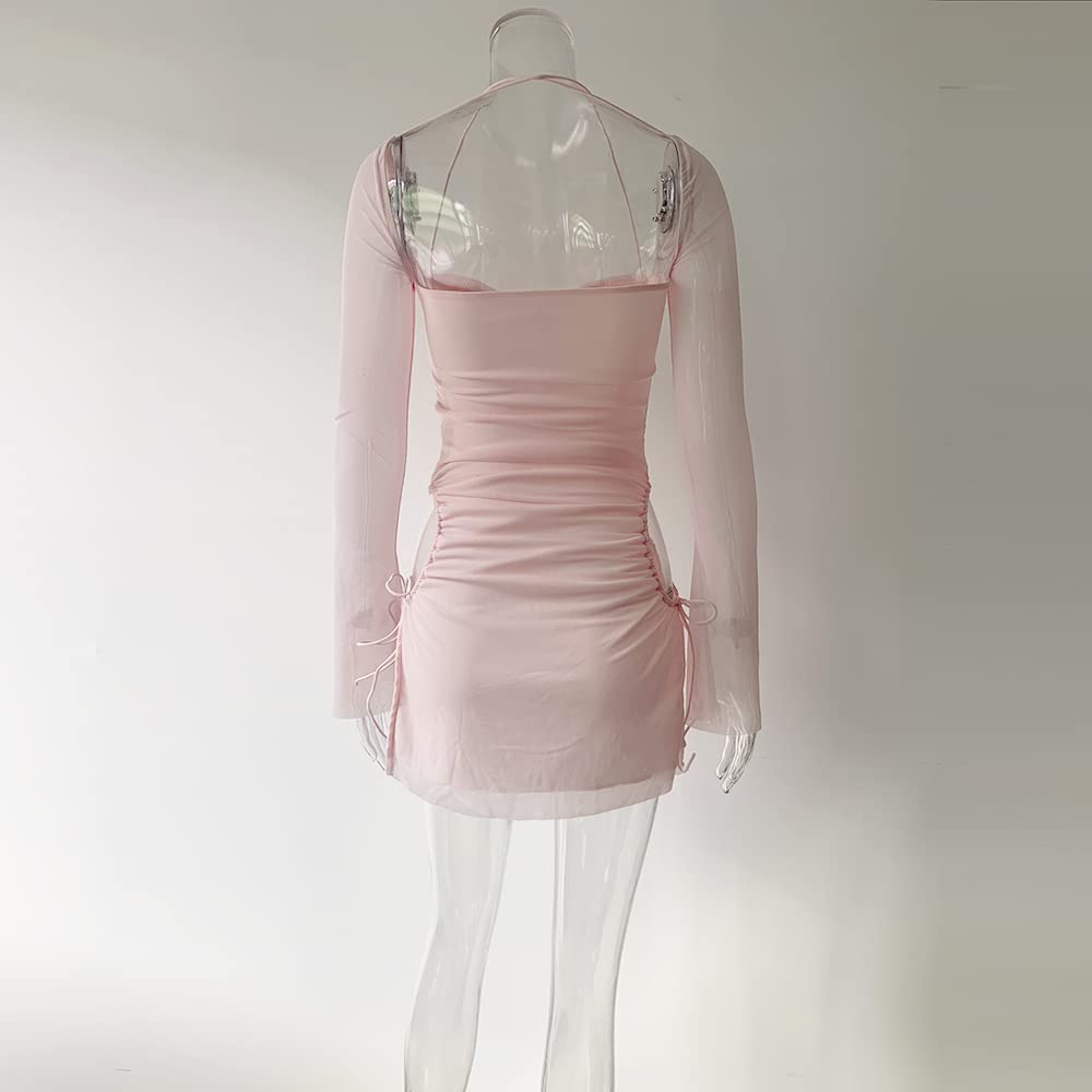 Women Long Puff Sleeve Mini Bodycon Split Hem Mesh Dress Party Dress