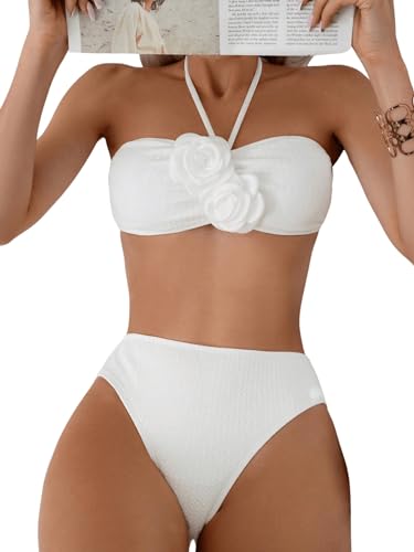 Women's 2 Piece Halter Swimsuit 3D Flower Appliques Bandeau Tummy Control Bikini Set