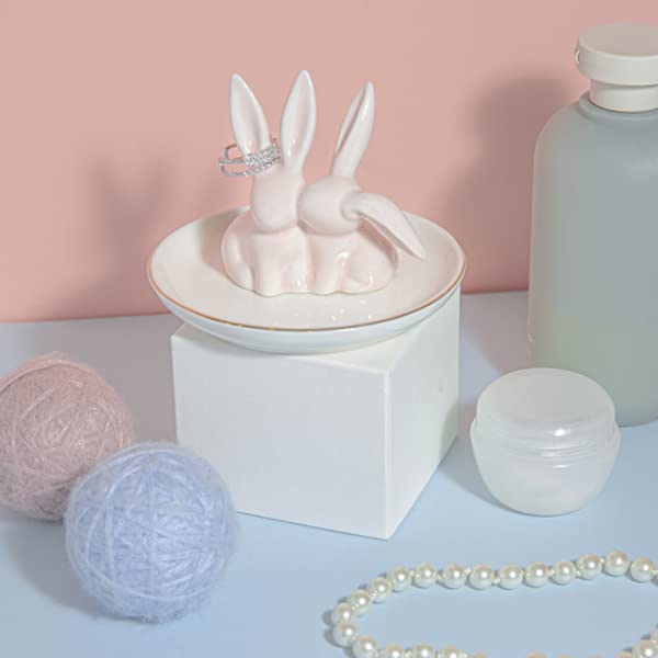 Ceramic Bunny Ring Holder - Rabbit Ring Dish Jewelry Holder Dish Trinket tray for Rings Earrings Necklace Organizer