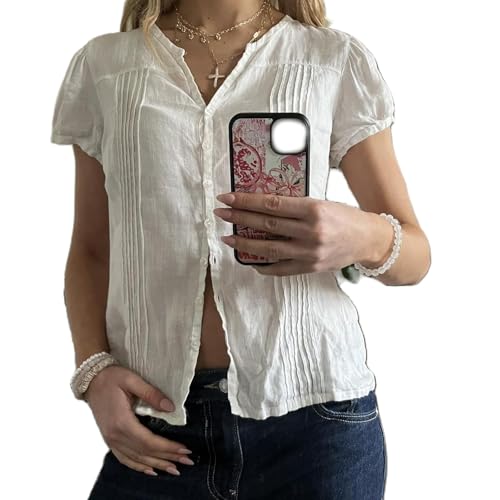 Y2k Fairy Plaid Button Down T Shirts Women Short Sleeve V Neck Aesthetic Tee Shirts Slim Fit Gingham Crop Top