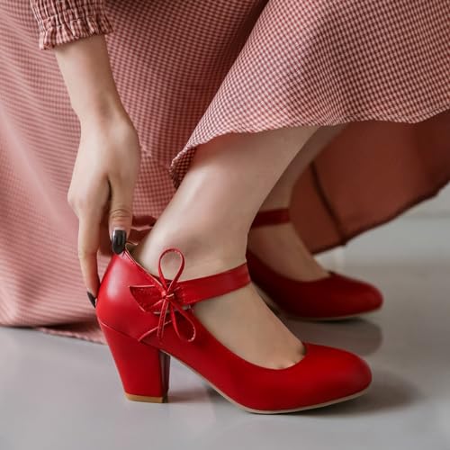 Women's Bow Mary Jane Dress Pumps Shoes Chunky Block High Heels Round Toe Shoes