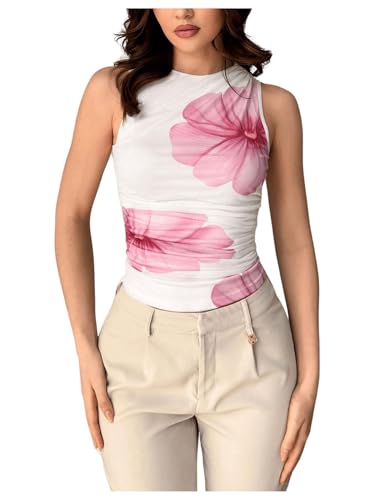 Women's Flower Print Mesh Top Sleeveless Mock Neck Ruched Tank Tops