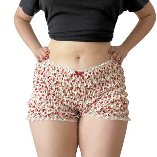 Womens Ruffle Bloomer Shorts Y2k Elastic Gingham Fruit Print Cute Frilly Lounge Sleep Pj Mini Micro Boy Shorts