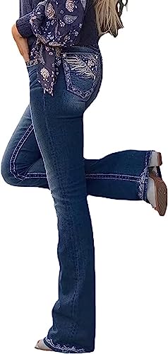 Women Bootcut Jeans, Stretchy Feather Flower Embroidery Mid Rise Slim Straight Leg Pants Jeans