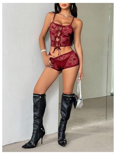 Women's Floral Lace 2 Piece Outfits Tie Front Crop Cami Top with Mini Shorts
