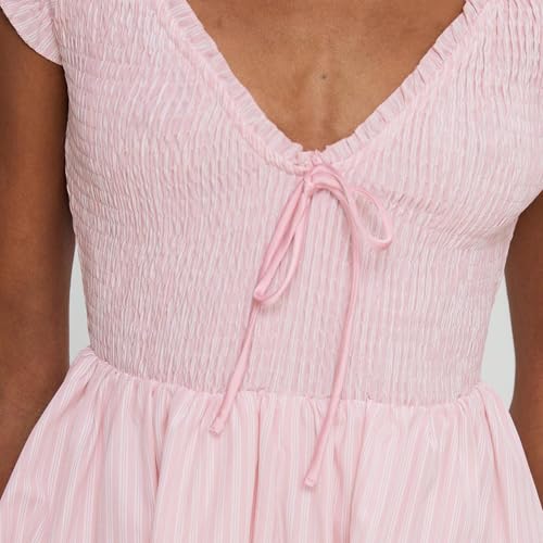 Women's Gingham Mini Dress Short Sleeve Bow Deep V Neck Smocked Waist Slim Fit Retro Plaid Dresses Y2k Sundress
