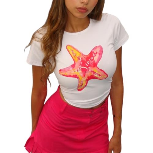 Women Hawaii Baby Tees Y2K Short Sleeve Crewneck Aesthetic Graphic Slim Fit Crop Tops