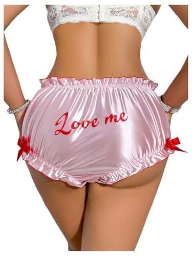Women's Plus Size Satin Panty Brief Bow Front Lace Trim Breathable Silky Underwear