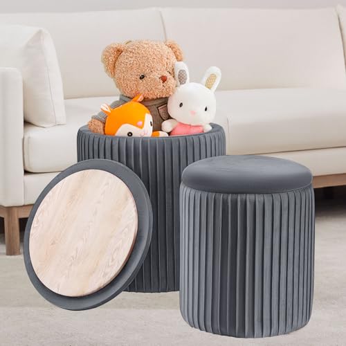 Set of 3 Velvet Round Storage Ottomans â€?Modern Upholstered Vanity Stool & Foot Rest with Hidden Storage