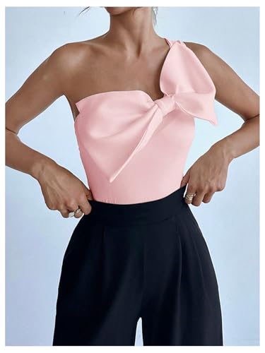 Women's One Shoulder Sleeveless Big Bow Front Elegant Fitted Tank Top Bodysuit