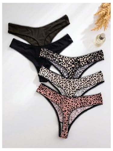 Women's 5 Pack Leopard Print Thongs Low Rise Panties Underwear Sets