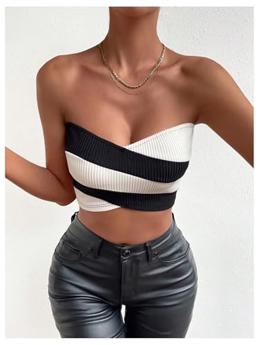 Women's Striped Criss Cross Strapless Tube Crop Top Sleeveless Ribbed Bandeau
