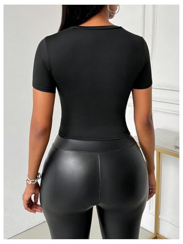 Women's Heart Rhinestone Cut Out Tee Shirts Casual Slim Fit Rib Knit Tops