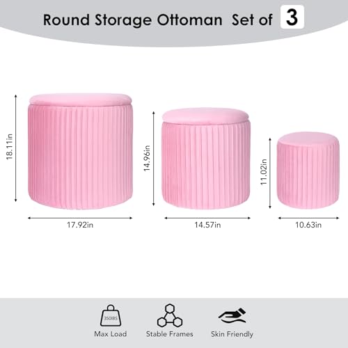 Set of 3 Velvet Round Storage Ottomans â€?Modern Upholstered Vanity Stool & Foot Rest with Hidden Storage