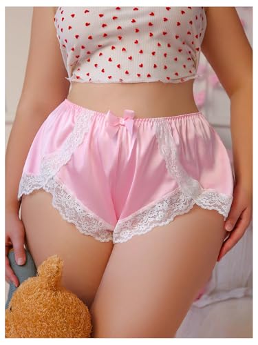 Women's Plus Size Satin Panty Brief Bow Front Lace Trim Breathable Silky Underwear