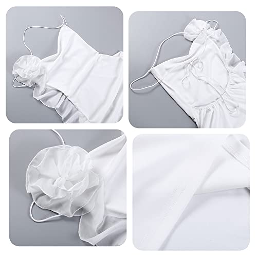 Women's Y2k Backless Ruffle Trim 3D Flower Sexy Sleeveless Strap Halter Bodycon Mini Dress