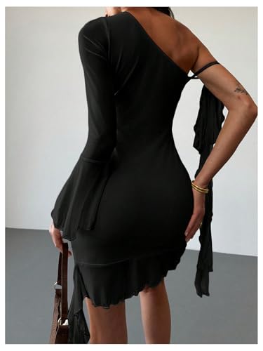 Women's 3D Floral Bodycon Mesh l Asymmetrical Long Sleeve Mini Dress