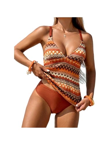 Women's 2 Pieces Tankini Swimsuits V Neck Bow Decor Lace up Tummy Control High Waisted Bikini Swimsuits